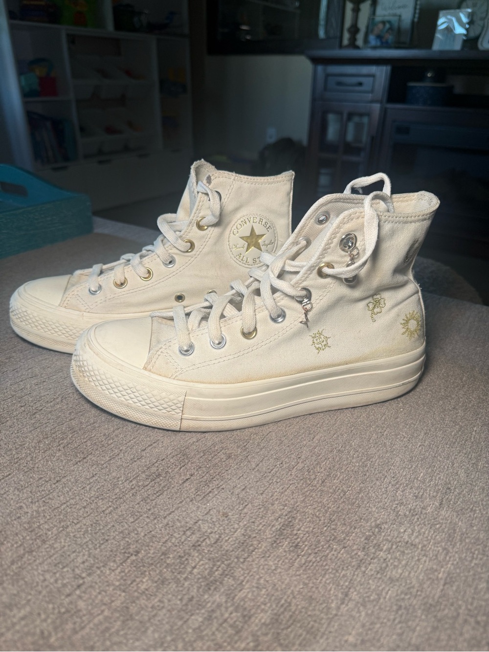 Converse High Top Platform Sneakers in Cream with Gold Accents